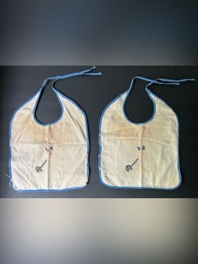 Vintage Cream Cotton Bibs with Blue Trim - Pair